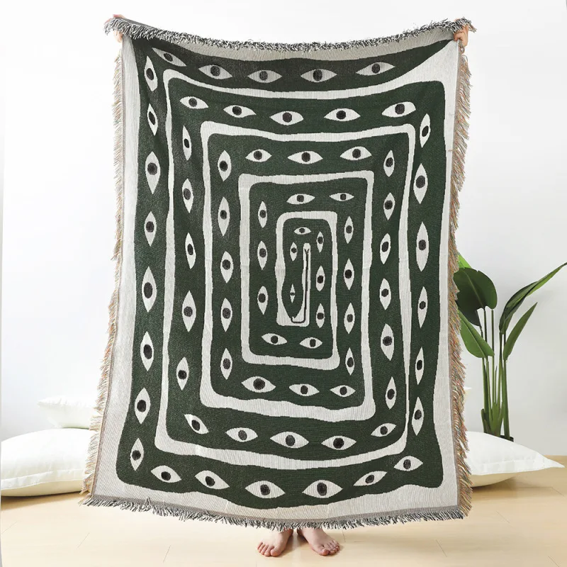 Boho Throw Blanket Fringe - Green White Evil Eye Jacquard Throw